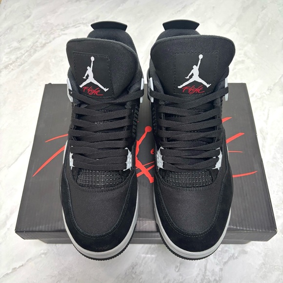 Brand New Retro 4 Black Canvas -Men’s Black/Gray Sneakers Shoes w/ Red Accents - Picture 2 of 6